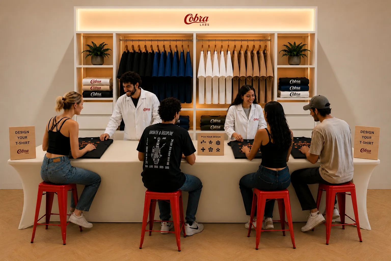 Atelier Studio 10×10 indoor footprint — guests seated at a white lacquered counter beneath a glowing Cobra Labs sign, operators helping them design shirts.