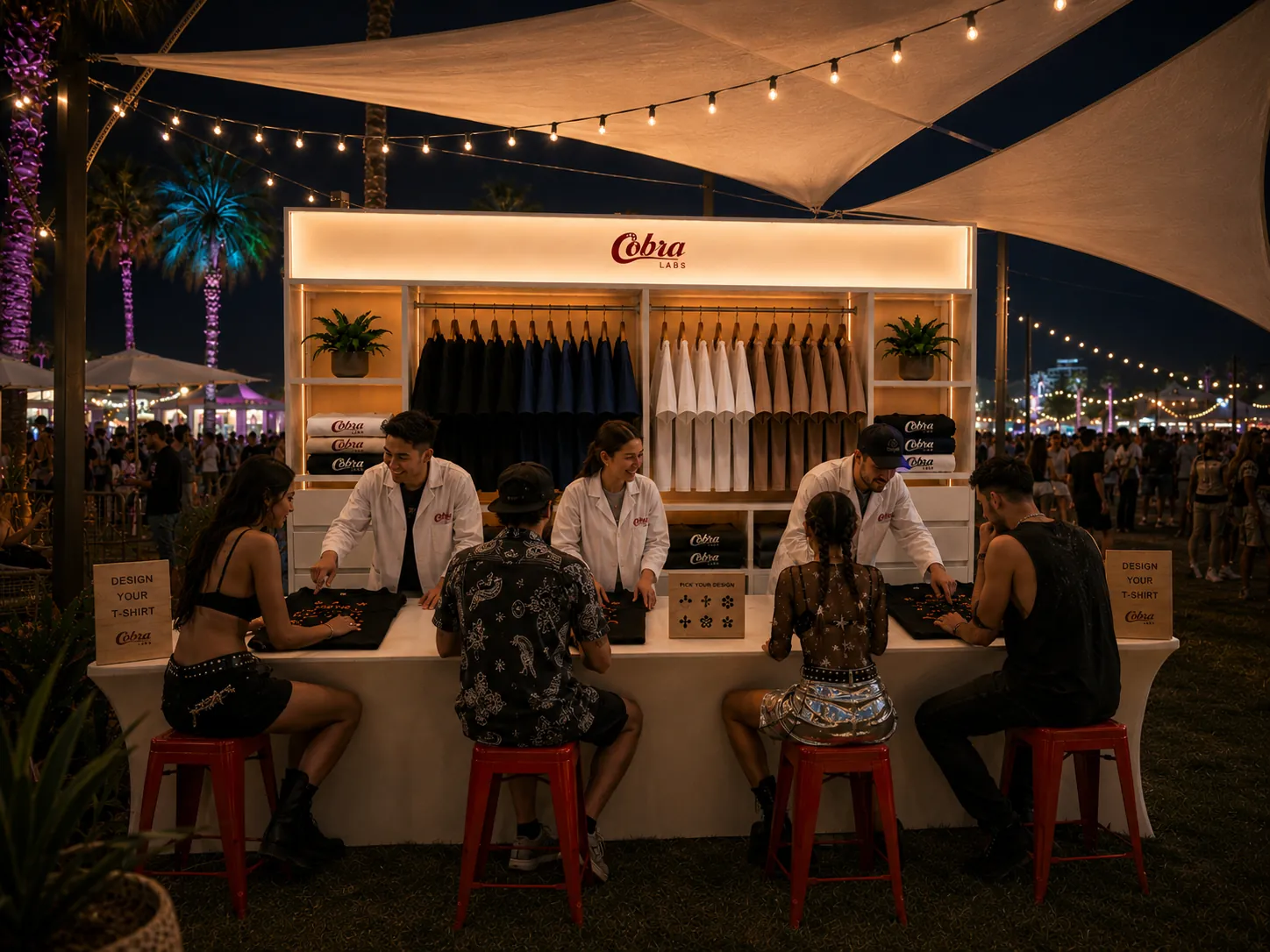 Atelier Studio 10×10 outdoor footprint at night — the illuminated Cobra Labs pop-up at a festival, string lights and palms overhead, guests designing shirts at the counter.