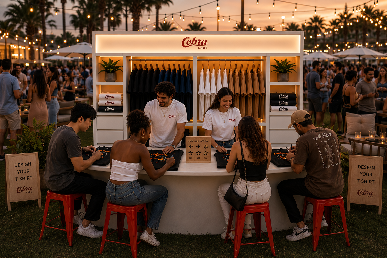 The Cobra Labs Atelier Studio activation at dusk in the Coachella Valley — festival guests seated at the counter designing custom t-shirts under string lights and palms.