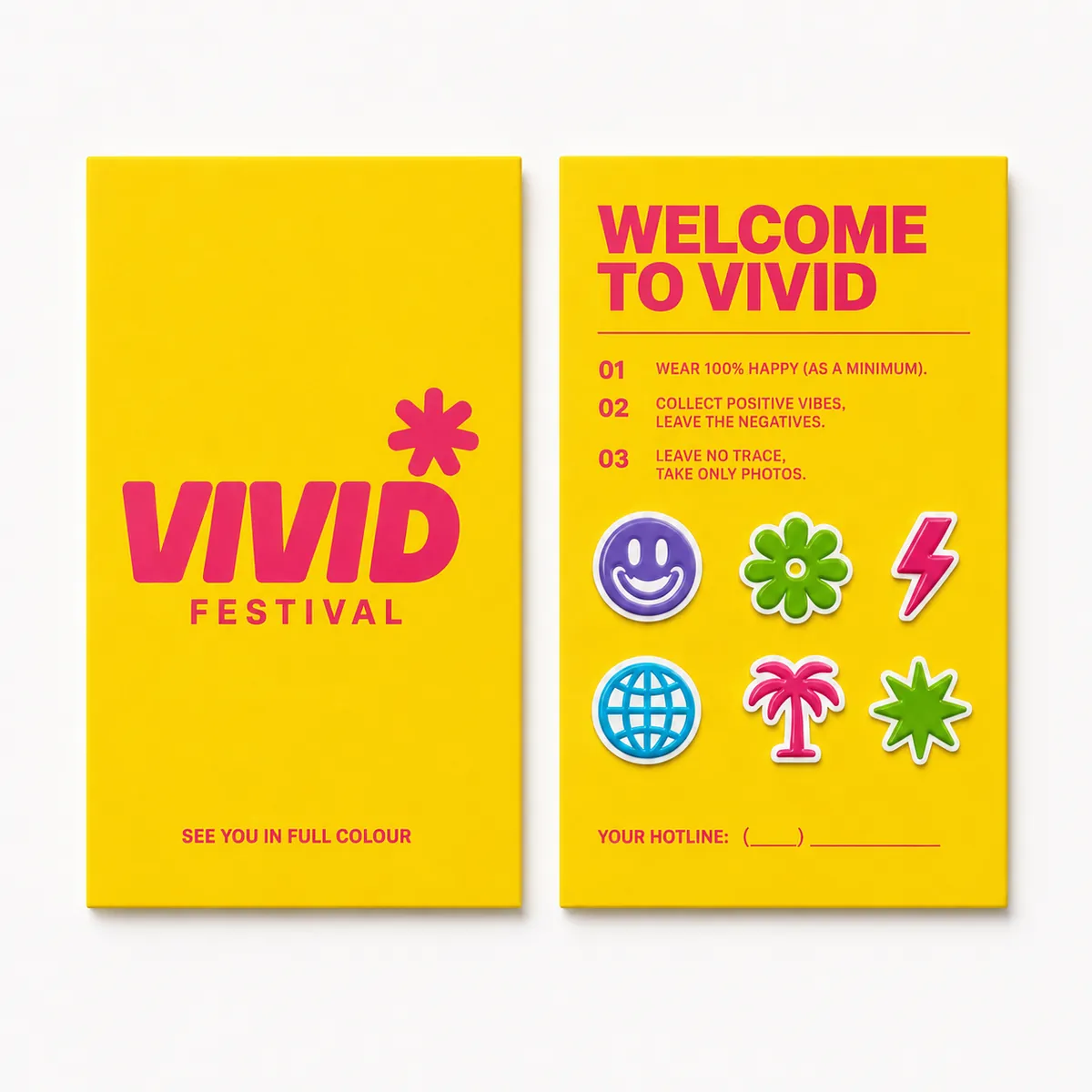 Yellow VIVID Festival shopping bag with pink rope handles, brand mark on the front face and a geometric zigzag pattern wrapping the side.
