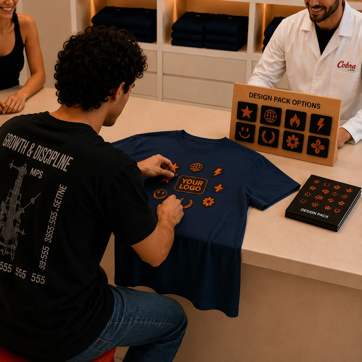 A guest arranging letters, icons, and graphics to personalize their shirt.