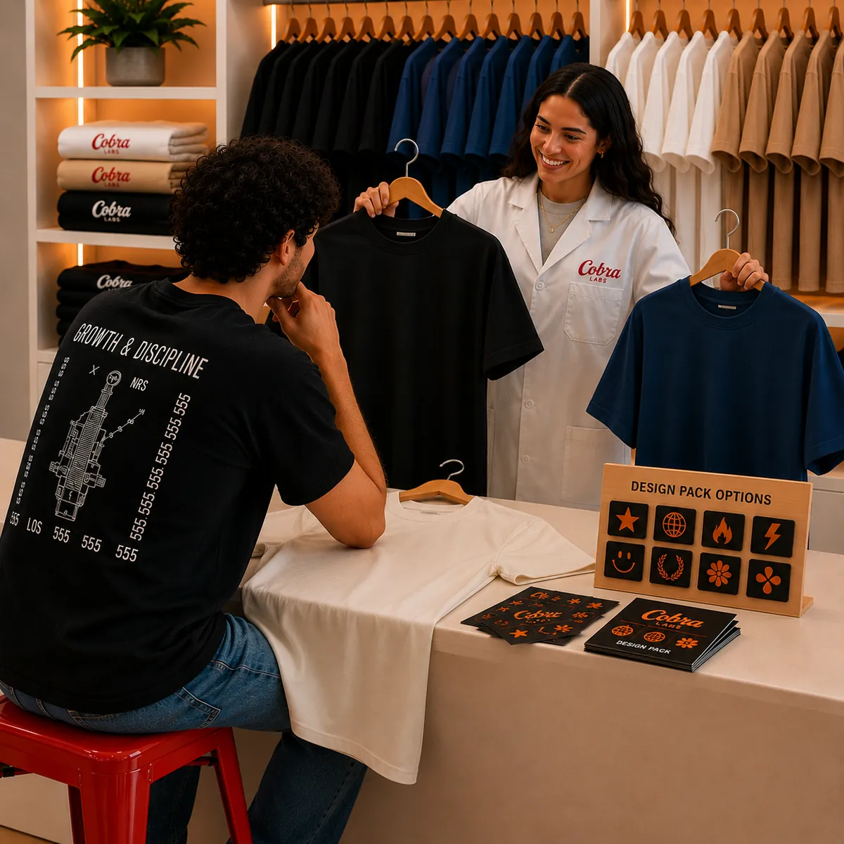 A guest choosing a t-shirt size and receiving a curated design pack.