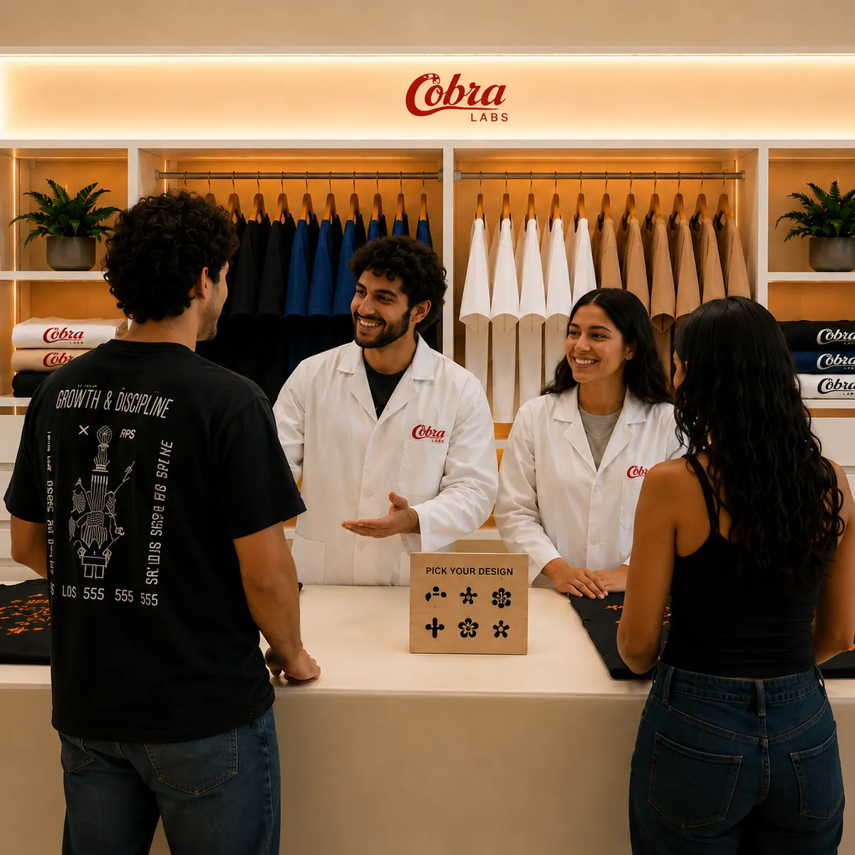 A guest welcomed to the Cobra Labs Atelier Studio counter by the team.