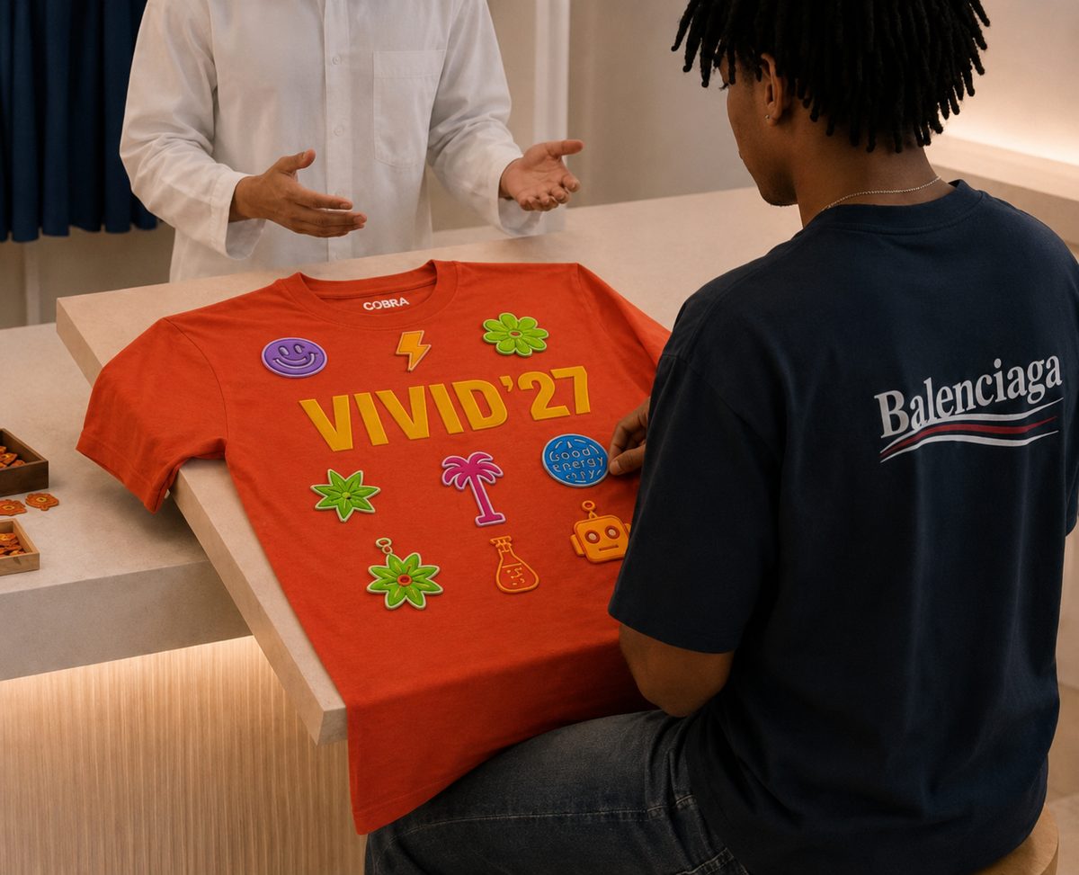 A guest at the Cobra Labs counter placing yellow flock decals onto a folded red IGNITE shirt. Sticker sheet of icons spread across the counter.