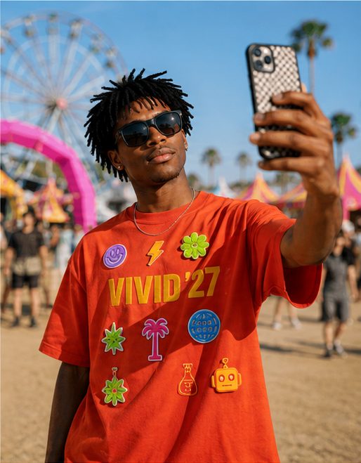 Editorial portrait: a young man in a red oversized IGNITE shirt covered in tactile flock graphics, photographed in a daylight studio.