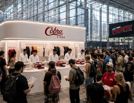 Large convention-floor Cobra Labs flagship with a white cylindrical counter island, backlit wordmark overhead, and a crowd of guests gathered around.