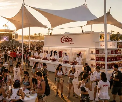 Festival-scale Cobra Labs residency at golden hour with a white tensile-roof structure, multiple stations along the counter, and a sunset crowd in the background.
